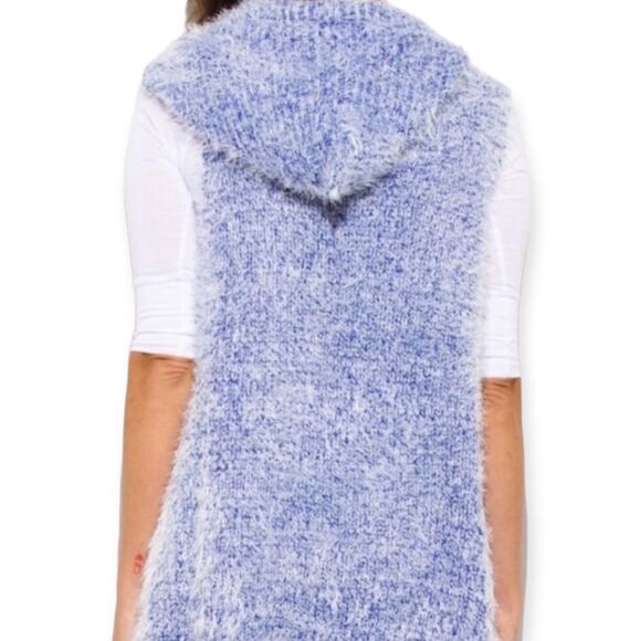 NEW Blue Ice Faux Fur Mid Length Sleeveless Open Front Hooded Teddy Jacket - Picture 2 of 4